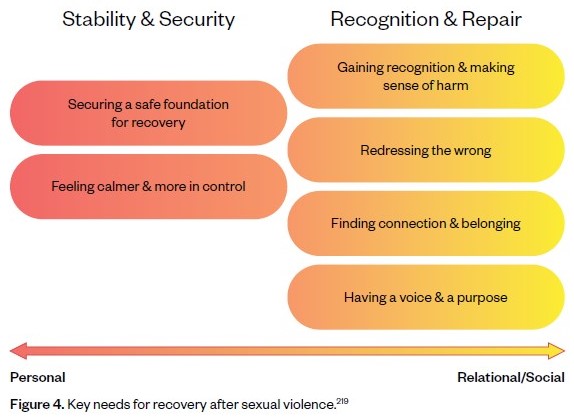 Image showing key needs for recovery after sexual violence. There are two categories. Category one is stability and security which includes securing a safe foundation for recovery and feeling calmer and more in control. Category two is gaining recognition and making sense of harm, redressing the wrong, finding connection and belonging and having a voice and a purpose.