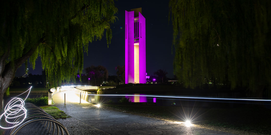 The National Carillon illuminated in royal purple