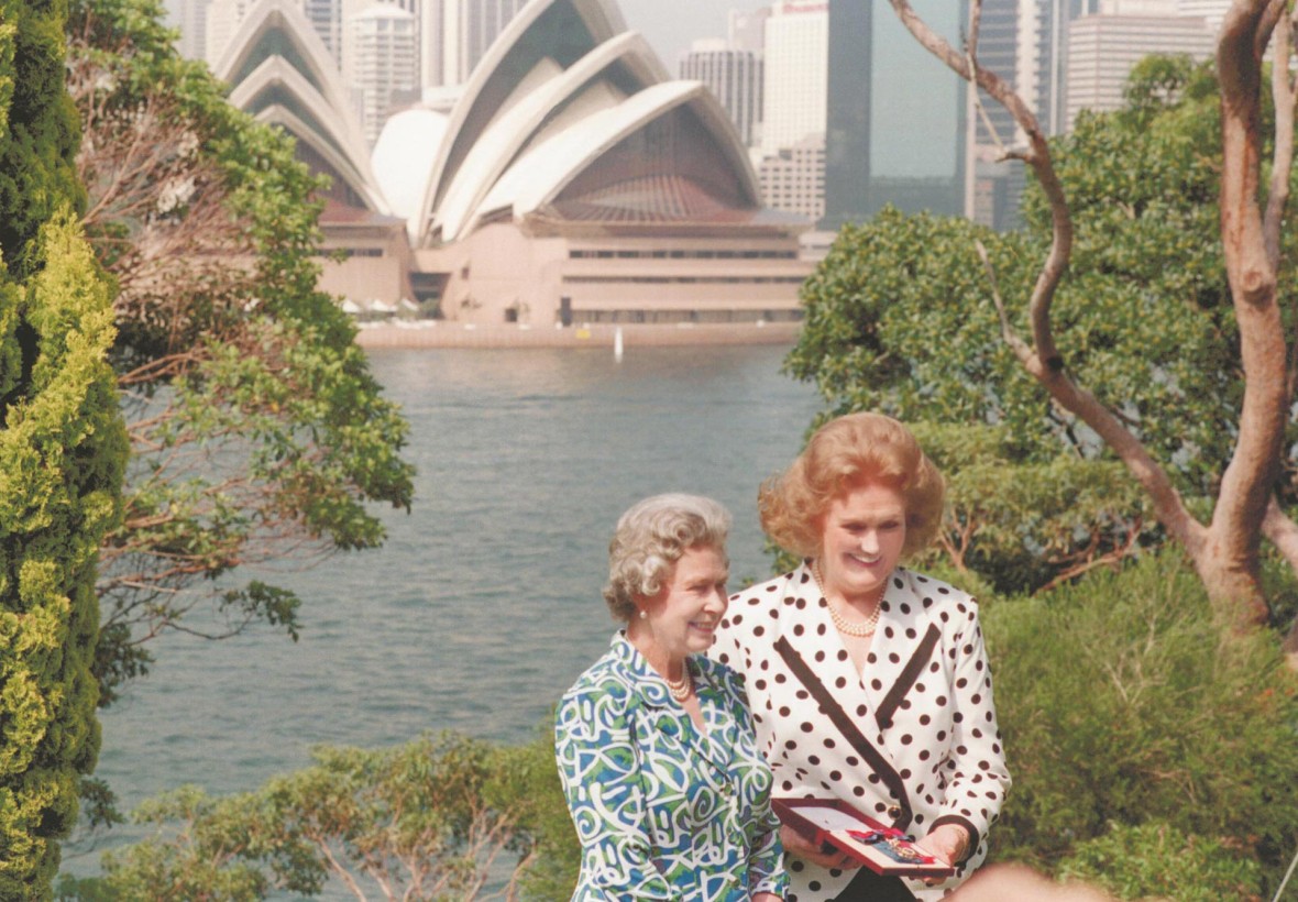 Her Majesty The Queen and Dame Joan Sutherland with Sydney Harbour and the Sydney Opera House in the background