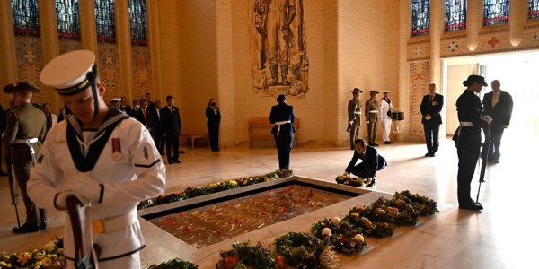 Prime Minister Taur Matan Ruak lays a wreath by the Tomb of the Unknown Australian Soldier at the Australian War Memorial