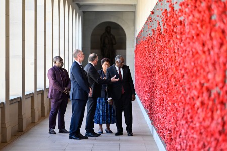PMs (Australian and Vanuatu) and Ministers in front of the wall of poppies