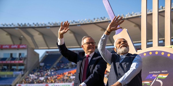 Prime Minister Albanese and Indian Prime Minister Modi waves to the crowd at the 4th Test cricket match between Australia and India.