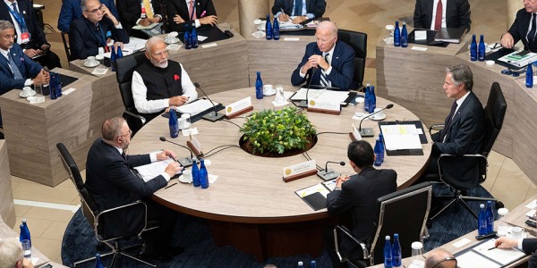 Prime Minister Anthony Albanese seated at the 2024 Quad Leaders' Summit roundtable with President of the United States Joseph R. Biden Jr., Prime Minister Narendra Modi of India, and Prime Minister Kishida Fumio of Japan.