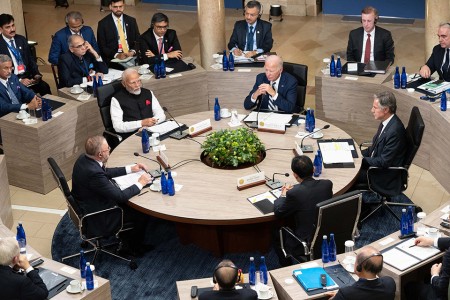 Prime Minister Anthony Albanese seated at the 2024 Quad Leaders' Summit roundtable with President of the United States Joseph R. Biden Jr., Prime Minister Narendra Modi of India, and Prime Minister Kishida Fumio of Japan.