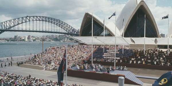 A large crowd gathered in front of the Sydney Opera House to greet Charles, Prince of Wales and Diana Princess of Wales.