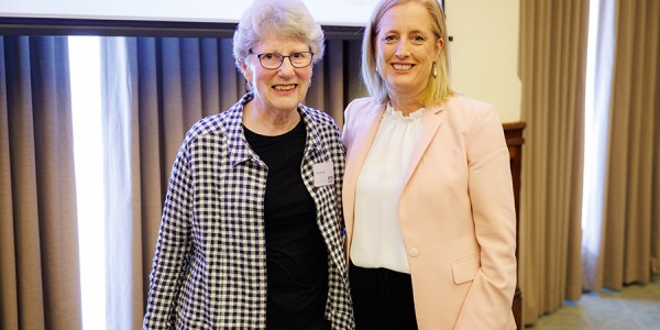 Elizabeth Reid AO and Senator the Hon Katy Gallagher, Minister for Women pose for a photograph while attending an event celebrating the Office for Women’s 50th anniversary.