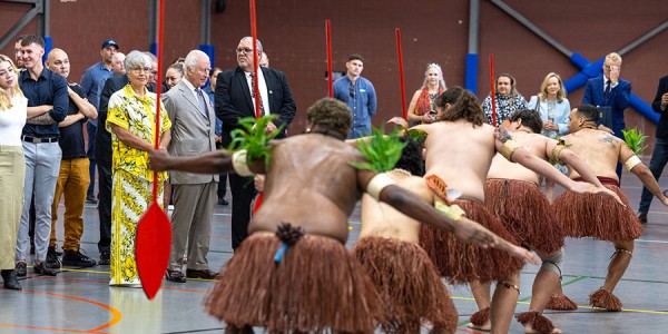 His Majesty enjoys a dance performance from Aboriginal and Torres Strait Islander performers at the National Centre of Indigenous Excellence in Sydney, Tuesday 22 October 2024.