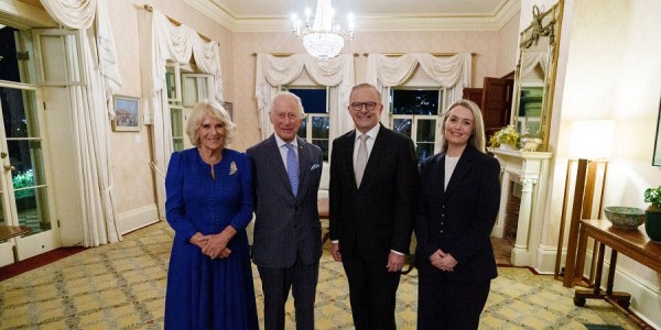 Their Majesties standing with Prime Minister Albanese and Ms Jodie Haydon.