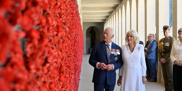 Their Majesties stand in front of a wall of red poppies.