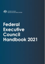 A blue tile with the Australian Government crest at top left and below, the following words: Federal Executive Council Handbook 2021
