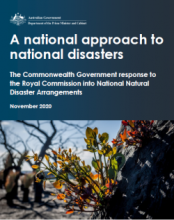 A report cover featuring text at the top and an image of plants and trees at the bottom. The text is: A national approach to national disasters.