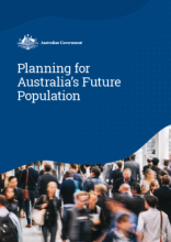 Tile with a blue panel at the top and an image of a street with lots of people walking. Text at the top says: Planning for Australia's Future Population.