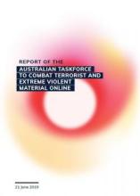 A white tile with red and yellow swirls at the centre. The text is Report of the Australian Taskforce to combat terrorist and extreme violent material online.