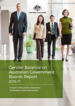 Four people dressed in business clothing walk toward the camera. In the background is an office space. Below is the text: Gener balance on Australian Government Boards Report 2016-17