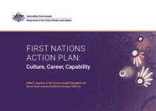 A purple tile with images of circles and lines at right. At left is the text: First nations action plan: culture, career, capability.