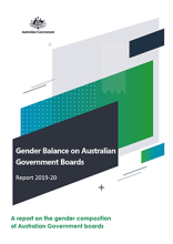 A book cover with multiple tiles of different colours overlaid. On top is the text: Gender balance on Australian government boards Report 2019-20