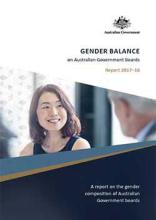At top is the text: Gender balance on Australian Government Boards. Under that is an image of a woman and a man talking. Below that in a dark blue panel is the text: A report on the gender balance of Australian Government boards.