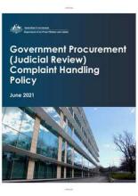 Booklet cover with an image of a mainly glass building at the bottom and at the top, the following text: Government procurement (judicial review) complaint handling policy June 2021
