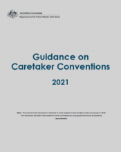 A grey coloured tile with the Australian Government crest at top left and in the middle, the following text: Guidance on Caretaker Conventions 2021