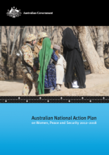 Image of soldiers with a woman and children. Below on a blue background are the words: Australian National Action Plan.