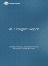 A blue book with the following text: 2016 Progress Report at centre, the Australian Government crest at the top left and more text at the bottom.