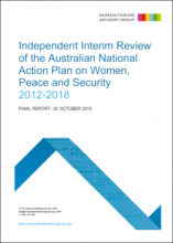 A white booklet with blue text which says: Independent Interim Review of the Australian National Action Plan on Women, Peace and Security 2012-2018