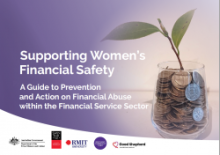 A purple tile featuring a twig with leaves in a jar at left. At right is the text: Supporting Women's Financial safety.
