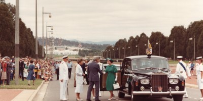 Her Majesty The Queen and The Duke of Edinburgh step out of a car in front of the National Naval Memorial