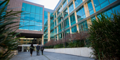 View of a modern building from its courtyard