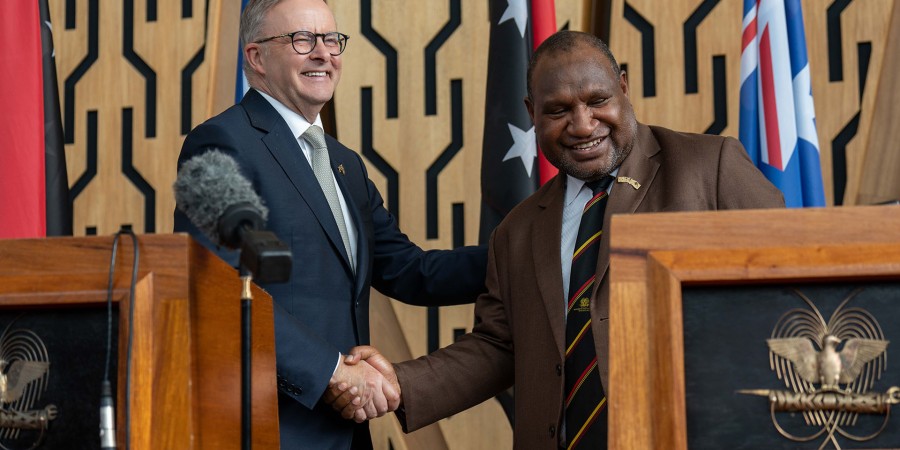 Prime Minister Albanese and Prime Minister Marape shake hands after the fourth Papua New Guinea-Australia Leaders’ Dialogue