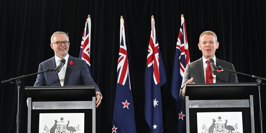 Prime Minister Anthony Albanese and The Rt Hon Chris Hipkin at lecturns in Brisbane