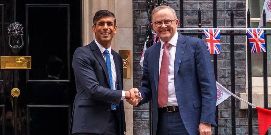 Prime Minister Anthony Albanese shaking hands with UK Prime Minister Rishi Sunak 