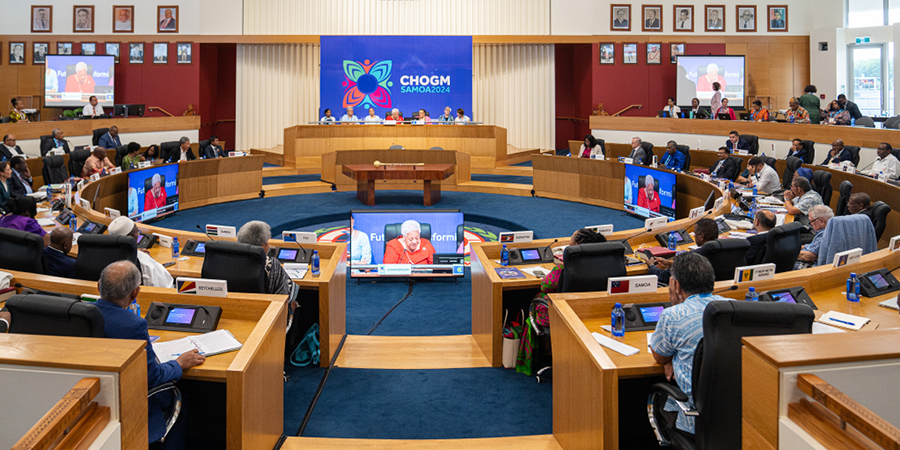 A group of world leaders sitting at the 27th Commonwealth Heads of Government Meeting.