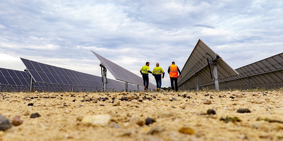 Three people in high visibility work wear walking among solar panels at Darlington Point Solar Farm.