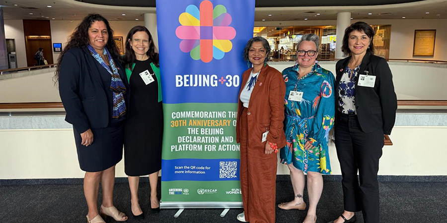 Australia’s official delegation to the Beijing+30 meeting standing in front of the banner for the event.